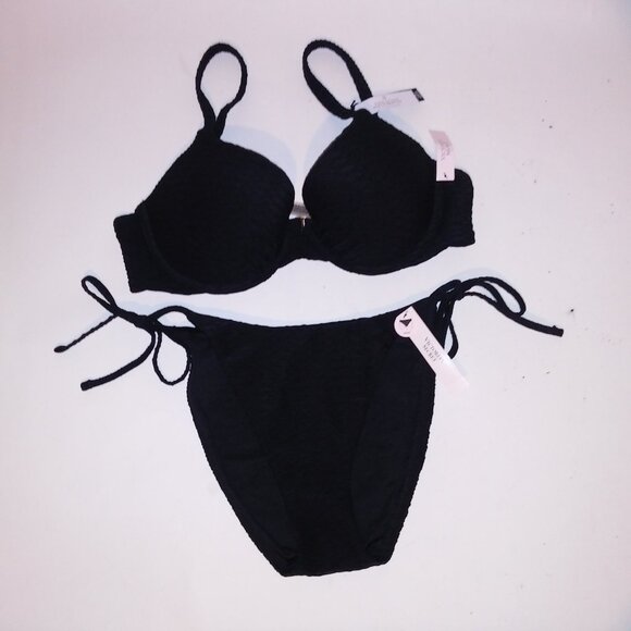 Victoria Secret Swim Bikini Top & Bottom Cheeky Black Push Up Textured String Ti - Picture 12 of 16